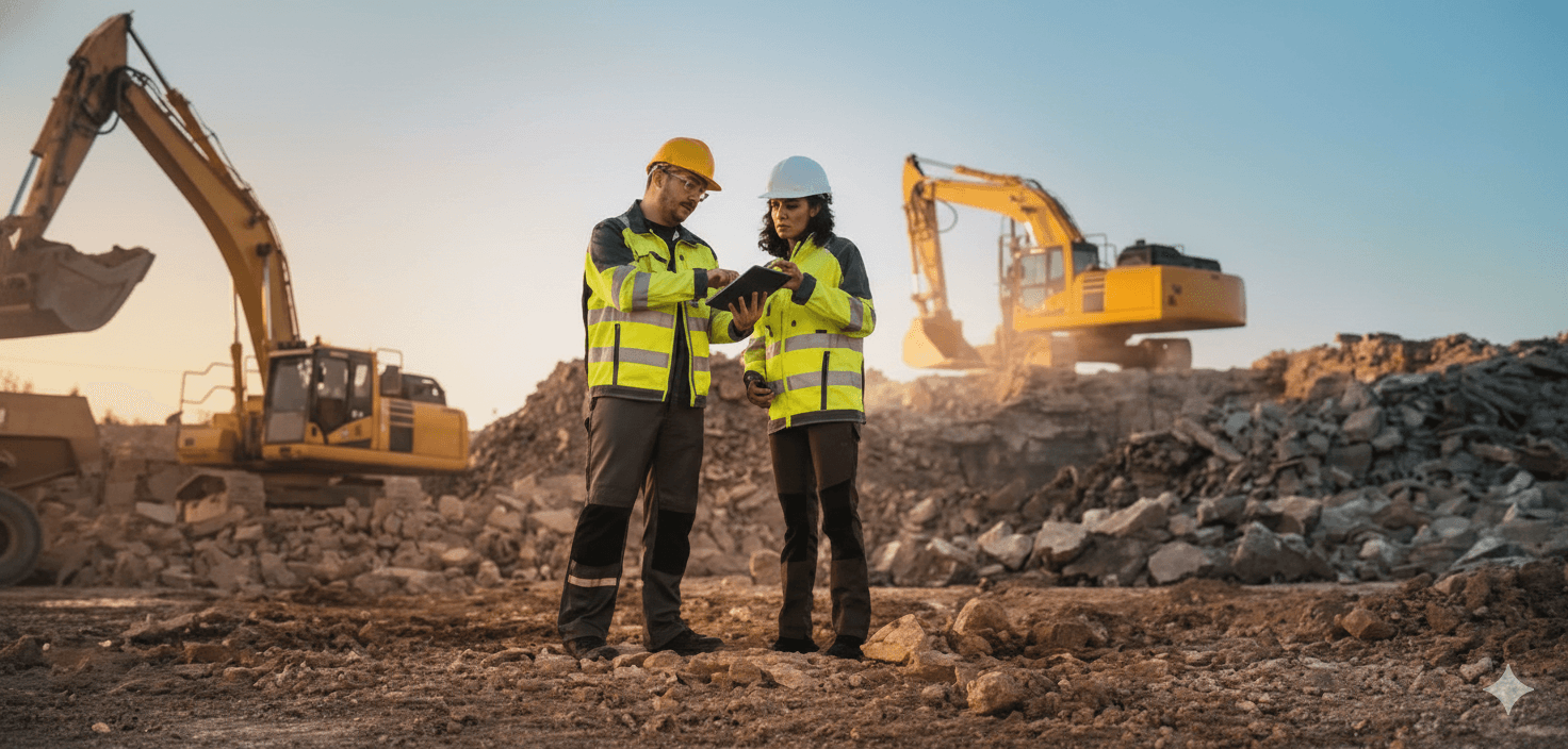 Ingenieros profesionales con chalecos y cascos de seguridad